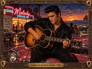 A brooding Elvis Presley sits on a gleaming red vintage car, gently playing an acoustic guitar outside a neon-lit 1950s drive-in. Fiery sunset colors, palm silhouettes, wet reflections, and distant couples create romantic nostalgia. Rich oil-painted textures and an ornate musical frame heighten the intimate, cinematic atmosphere.