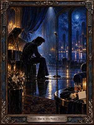 A solitary performer sits beside a grand piano in a luxurious moonlit lounge, surrounded by deep blue curtains, reflective floors, and distant city lights. Warm amber highlights contrast with cool indigo shadows, creating a melancholy, intimate mood. Painterly oil textures, a waiting microphone, white flowers, and ornate musical framing deepen the nostalgic atmosphere.