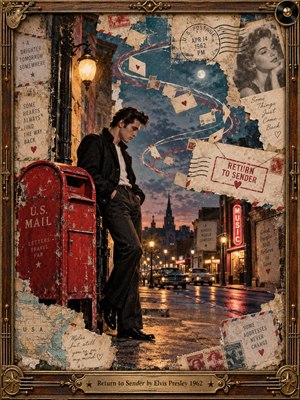 A brooding young man stands beside a weathered red mailbox on a rain-slicked 1960s street, surrounded by swirling letters, stamps, and torn paper memories. Warm amber lights contrast with cool blue twilight, while vintage cars, neon signs, romantic portraits, and an ornate brass-and-wood frame create a nostalgic mixed-media collage.