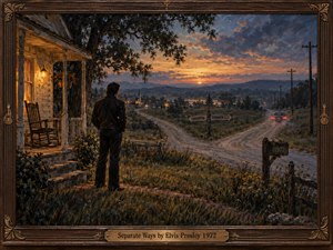 A lone man stands beside a warmly lit country porch at dusk, watching a car disappear along a forked rural road. Rich amber sunset tones contrast with cool blue shadows, creating a reflective, melancholy mood. Painterly oil textures, telephone poles, distant hills, and carved musical framing deepen the nostalgic atmosphere.