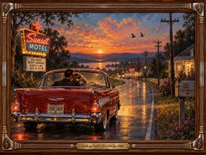 A red vintage convertible carries a close couple along a rain-glossed road toward a glowing sunset, neon motel, diner, and welcoming farmhouse. Warm gold, coral, cherry red, and deep blue create a romantic 1960s mood, while oil-painted reflections, curving power lines, paired birds, and ornate musical framing suggest devotion and homecoming.