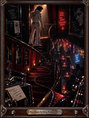 A white-suited performer descends a sweeping red-carpeted staircase into a smoky Memphis nightclub, surrounded by shadowy musicians, glowing table lamps, neon signs, and vintage portraits. Deep crimson, black, bronze, and amber tones create a seductive, downward-pulling mood, while cinematic photographic realism and ornate framing heighten the late-1970s atmosphere.