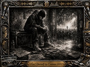 A solitary rapper sits backstage beneath harsh industrial light, gripping a microphone as a roaring arena glows beyond a graffiti-streaked doorway. Deep charcoal textures, smoky blacks, silver highlights, and restrained gold accents create tense determination. Coiled cables, handwritten pages, speakers, microphones, and a metallic music-themed frame intensify the gritty, cinematic atmosphere.