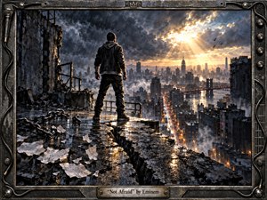 A lone figure stands defiantly on a shattered, rain-soaked rooftop overlooking a vast city, facing a dramatic break in storm clouds where golden sunlight pours through. Dark steel, charcoal gray, amber, and silver dominate the palette. Cinematic realism, reflective textures, broken chains, scattered papers, and an industrial metal frame reinforce resilience, struggle, and determined renewal.