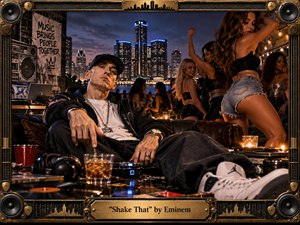 A gritty nighttime rooftop party unfolds against a glowing city skyline, centered on a relaxed rapper lounging beside DJ equipment, drinks, and headphones while dancers move around him. Warm amber lights contrast with cool blue towers, creating a charged, decadent mood. The realistic cinematic style features rich textures, urban details, and an ornate speaker-studded frame.