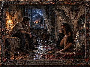 A battered couple faces one another across a ruined, rain-soaked bedroom, surrounded by shattered glass, torn fabric, and fractured reflections. Warm amber lamplight clashes with icy storm blues outside, creating a volatile, intimate mood. Textured realism, scorched metal framing, smoky walls, and scattered debris emphasize passion, damage, and emotional conflict.