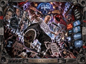 Eminem lunges across a chaotic 2004 circus-like stage surrounded by shattered mirrors, flashing screens, crowds, microphones, signs, and theatrical machinery. Harsh blue, red, and white lighting intensifies the manic energy. The cinematic digital composition blends satire, fame, spectacle, and disorder inside an elaborate industrial music-themed frame.