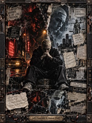 A brooding blond figure sits beneath torn urban collage layers, flanked by shadowy red temptation and cold blue conscience imagery. Wet streets, neon signs, fractured mirrors, courtroom symbols, handwritten notes, and cassette details create tense psychological conflict. Distressed mixed-media textures, smoky lighting, and an industrial frame intensify the dark late-1990s atmosphere.