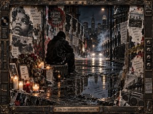 A hooded figure sits beside candles and faded memorials in a rain-soaked city alley, surrounded by torn posters, photographs, and graffiti. Cold blue-black streets reflect distant lights while warm flames glow against weathered walls. The cinematic mixed-media realism conveys grief, conflict, remembrance, and the heavy cost of rivalry.