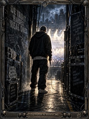 A lone rapper stands in a shadowed backstage corridor, facing a blazing stage and distant Detroit skyline. Cold blue-gray walls, wet concrete, cables, equipment cases, and smoky haze create gritty tension, while warm spotlights silhouette his figure. The cinematic digital style captures pressure, determination, ambition, and the instant before transformation.