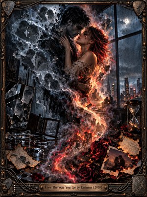 A troubled couple embraces amid shattered glass, smoke, fire, and rain inside a dark urban room. Cool blue shadows clash with glowing orange flames, creating a volatile, cinematic mood. Fractured reflections, burning roses, scattered photographs, and an hourglass reinforce themes of passion, conflict, memory, and destructive attraction.