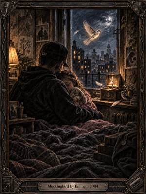 A protective father cradles a sleeping child inside a worn city apartment overlooking a moonlit skyline. Charcoal shadows and muted pastel warmth create a tender, melancholic mood. A glowing bird, drifting feathers, old photographs, a music box, and soft lamplight symbolize hope, memory, devotion, and resilience.