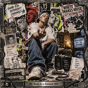 A defiant young rapper dominates a gritty late-1990s collage of torn posters, notebook scraps, television screens, microphones, suburban imagery, and fractured portraits. Harsh black, gray, red, and acid green tones create a rebellious, chaotic mood, while distressed textures, dramatic lighting, and industrial framing emphasize identity, controversy, satire, and restless energy.