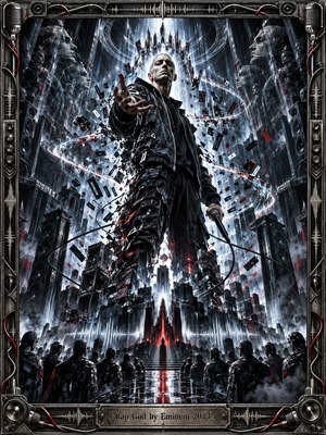 A commanding rapper stands above a futuristic concert cathedral, surrounded by towering speakers, fractured panels, and spiraling bands of white light. Black, silver, and crimson tones create an intense, electric mood, while dramatic backlighting and reflective surfaces amplify the monumental digital realism. A mechanical audio-themed frame encloses the scene.