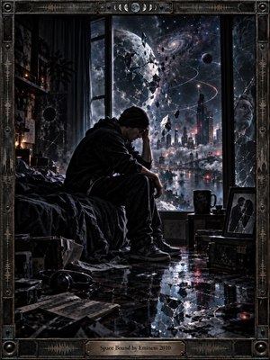 A solitary man sits in a dark room before a vast shattered cosmic cityscape, surrounded by broken glass, scattered photographs, and reflective surfaces. Cold blues, black shadows, and faint red lights create a tense, introspective mood. Dramatic cinematic lighting and surreal digital realism suggest emotional fracture, isolation, and unreachable distance.
