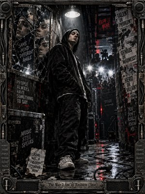 A hooded rapper stands in a grim industrial backstage corridor, surrounded by fractured mirrors, hostile headlines, camera flashes, and looming shadows. Black, silver, and deep red dominate the tense photographic composition, while harsh overhead light reflects across the wet floor. A fallen microphone and heavy metal frame reinforce isolation, pressure, and defiance.