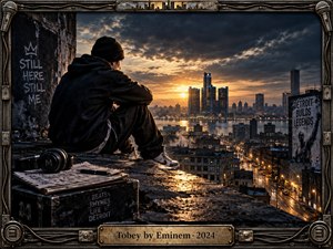 A hooded figure sits on a rain-dark rooftop overlooking Detroit at sunset, surrounded by notebooks, headphones, and industrial textures. Warm gold light cuts through storm clouds and reflects across wet concrete and the river. The cinematic photographic style blends urban grit, introspection, legacy, resilience, and dramatic city-scale atmosphere.
