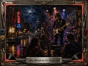 Kung Fu Hand Painting - A moody oil-painted blues club spills into a rain-soaked midnight street, where a focused guitarist performs beneath smoky violet, amber, and blue stage lights. Neon signs reflect across wet pavement, while shadowed patrons watch from candlelit tables. An ornate chrome-and-gold music-themed frame surrounds the richly textured, nostalgic nightlife scene.