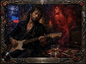Kung Fu Hand Painting - A brooding guitarist plays beneath storm-lit windows in a smoky midnight club, haunted by a crimson woman formed from swirling memories and rose petals. Deep blues, blacks, burgundy, and amber highlights create seductive tension. Rich oil-painted textures, neon reflections, whiskey, broken strings, and an ornate music-themed frame intensify the wounded romantic atmosphere.