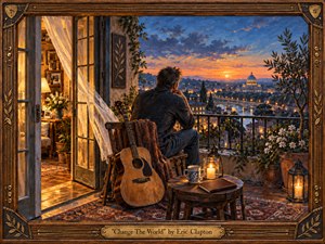 Kung Fu Hand Painting - A contemplative man sits on a flowered balcony at twilight, an acoustic guitar beside him as he gazes over a glowing river city crowned by a distant dome. Warm lamplight spills from the cozy room behind, balancing cool evening blues and amber sunset hues in a richly textured, romantic oil-painted scene.