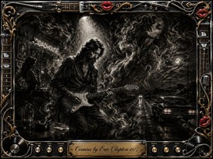 Kung Fu Hand Painting - A lone guitarist plays beneath a stark spotlight in a smoky roadside roadhouse merging into a moonlit highway. Deep charcoal blacks and silvery grays create a gritty, seductive noir mood, while ghostly female forms rise through swirling haze. An ornate chrome-and-gold music-themed frame with red lips and engraved title plate completes the dramatic composition.