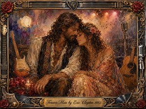 Kung Fu Hand Painting - A romantic couple leans tenderly together amid guitars, vintage microphones, roses, and glowing stage lights. Warm amber, bronze, crimson, and smoky violet tones create an intimate, nostalgic mood. Richly textured oil-paint styling softens the concert setting, while an ornate gold-and-black musical frame and engraved title plate complete the composition.
