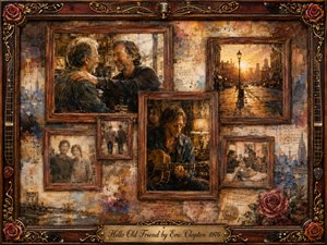Kung Fu Hand Painting - A nostalgic collage of old friends and musical memories fills weathered rosewood frames, centered on a reflective guitarist and a joyful reunion. Warm amber, bronze, faded blue, and sepia tones glow beneath soft evening light. Layered oil, acrylic, and watercolor textures, roses, guitar details, and gold ornamentation evoke tenderness, friendship, and passing time.