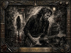 Kung Fu Hand Painting - A brooding charcoal guitarist bends over his electric guitar in a smoky backstage club while a shadowy woman disappears toward a distant exit. Deep blacks, ash gray, muted crimson, and warm metallic highlights intensify the heartbreak. Feathered strokes, dramatic lighting, amplifiers, cables, and an ornate guitar-hardware frame create raw emotional tension.