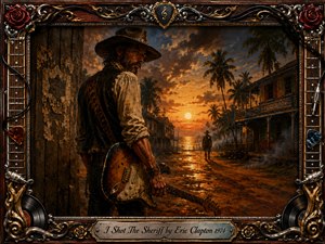 Kung Fu Hand Painting - A rugged guitarist stands in a weathered tropical town at fiery sunset, facing a distant lawman along a glowing muddy street. Deep amber, rust, black, and gold tones create a tense, defiant mood. Painterly textures, palm silhouettes, smoky shadows, ornate guitar-themed framing, vinyl records, and an engraved title plate complete the dramatic composition.