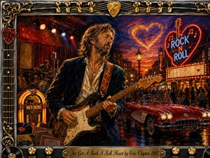 Kung Fu Hand Painting - A soulful guitarist commands a neon-lit nighttime street, surrounded by a vintage jukebox, roaring crowd, classic convertible, glowing marquee, and fiery heart-shaped sky. Rich reds, golds, blues, and amber highlights create electric warmth. Textured oil-paint styling, dramatic stage lighting, chrome details, and ornate musical framing celebrate enduring rock-and-roll passion.