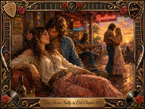 Kung Fu Hand Painting - A warmly textured romantic roadhouse scene shows a relaxed couple sharing an intimate moment while musicians and dancers gather beneath a glowing sunset. Rich amber, crimson, denim blue, and rose tones create nostalgic warmth. Painterly oil-and-acrylic textures, neon signs, guitars, roses, records, and ornate gold detailing frame the affectionate composition.