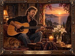 Kung Fu Hand Painting - A weathered guitarist plays acoustic guitar in a warmly lit seaside room overlooking a glowing sunset coast. Amber candles, rich wood, patterned textiles, lilies, and a resting dog create an intimate, reflective mood. Cinematic realism, golden highlights, deep shadows, and an ornate guitar-themed frame reinforce the songs nostalgic, soulful atmosphere.