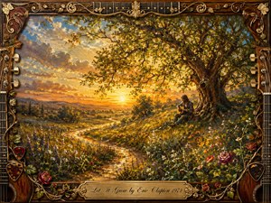 Kung Fu Hand Painting - A solitary guitarist rests beneath a flourishing tree overlooking a golden countryside at sunset. A winding stream leads through vibrant wildflowers toward distant hills, creating a peaceful sense of renewal. Rich greens, amber light, and soft blues glow in textured oil-paint brushwork, framed by ornate guitar-inspired wood, gold, roses, and strings.