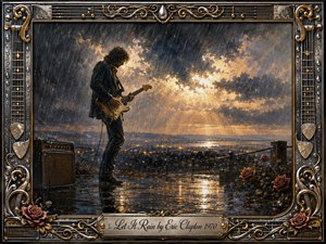 Kung Fu Hand Painting - A lone guitarist plays beneath sweeping rain clouds on a reflective hillside overlooking distant city lights. Golden sunlight breaks dramatically through the storm, contrasting deep blue-gray skies with warm amber highlights. Rich oil-painted textures create a soulful, contemplative mood, while ornate chrome, gold, guitar-string, rose, and fretboard details frame the scene.