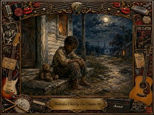 Kung Fu Hand Painting - A lonely young boy sits barefoot beside a worn teddy bear on a weathered porch beneath a moonlit, stormy sky. Warm window light contrasts with deep blues, browns, and golds. Rich oil-paint textures heighten the sorrowful mood, while an ornate music-themed frame of guitars, records, microphones, and memorabilia surrounds the scene.
