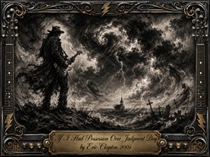 Kung Fu Hand Painting - A lone guitarist stands on a windswept rise beneath a violent, swirling storm, facing a distant church and crooked grave markers. Deep charcoal blacks, smoky grays, and lightning-bright highlights create a foreboding blues atmosphere. An ornate black-metal frame with gold inlay, guitar strings, fretwork, and amplifier details surrounds the dramatic composition.