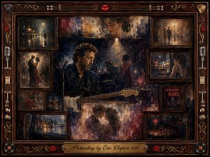 Kung Fu Hand Painting - A brooding guitarist performs in a dim, rain-soaked late-night setting, surrounded by framed memories of romance, solitude, and fading affection. Deep blues, burgundy, amber, and sepia tones glow beneath soft lamps and streetlights. Painterly textures, vintage rosewood frames, guitar strings, red lips, and ornate gold details create nostalgic melancholy.