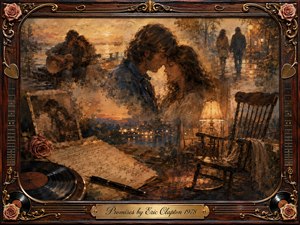 Kung Fu Hand Painting - A nostalgic romantic collage portrays a tender couple surrounded by fading memories of music, companionship, and separation. Warm amber, rosewood, bronze, and muted blue tones glow beneath soft sunset lighting. Layered oil-and-watercolor textures blend photographs, handwritten letters, vinyl records, roses, and an empty rocking chair within an ornate musical frame.