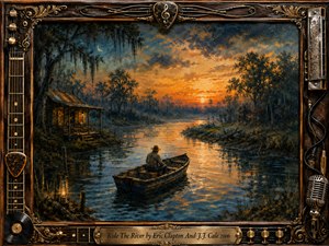 A lone traveler drifts down a quiet river at sunset, passing a warmly lit rustic cabin beneath shadowed trees. Deep blues and glowing amber reflections create a reflective, soulful mood in textured oil-paint style. An ornate musical frame surrounds the scene with guitar parts, harmonica, microphone, vinyl record, brass filigree, and engraved title plate.