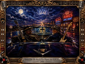 Two veteran blues musicians cruise a moonlit highway in a gleaming vintage convertible, guitars beside them and neon juke-joint lights glowing ahead. Rich midnight blues, gold, crimson, and chrome reflections create a warm, celebratory mood. Expressive oil-paint textures, musical motifs, a regal crown, and an ornate instrument-themed frame complete the nostalgic scene.