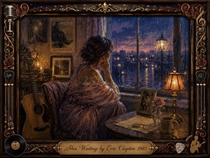 A solitary woman sits beside a rain-streaked window, quietly waiting as distant city lights shimmer through the blue-violet night. Warm amber lamplight softens the intimate room, illuminating an acoustic guitar, roses, photographs, and a handwritten letter. Painterly oil-like textures and ornate musical framing create a wistful, romantic atmosphere of longing and memory.