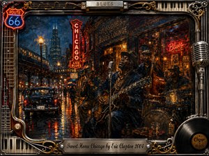 Kung Fu Hand Painting - A rain-soaked Chicago blues scene glows beneath red neon, amber streetlights, and deep midnight blues. Musicians perform passionately outside a lively club, framed by guitar strings, piano keys, chrome ornament, microphones, and vinyl records. Thick impressionistic brushwork, reflective pavement, vintage cars, and warm interior light create a soulful, nostalgic atmosphere.
