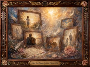 Kung Fu Hand Painting - A tender collage of fading memories unfolds within ornate rosewood frames, showing a child, grieving figures, roses, feathers, and a glowing stairway ascending into radiant clouds. Warm amber, muted blue, and dusty rose tones blend through painterly textures, while guitar details, golden wings, and soft heavenly light deepen the reflective, bittersweet atmosphere.