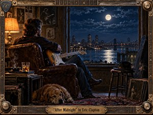 Kung Fu Hand Painting - A moody nighttime studio scene captures a guitarist seated in a worn leather chair, overlooking a moonlit river and glowing city skyline. Warm amber lamplight contrasts with deep blue nocturnal tones, creating an intimate, reflective atmosphere. Rich textures, vintage instruments, records, smoke, a sleeping dog, and an ornate guitar-inspired frame give the artwork handcrafted, cinematic character.