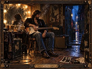 A weary guitarist sits backstage in a smoky, weathered blues club, framed by glowing vanity bulbs and a rain-soaked neon alley. Warm amber light contrasts with deep midnight blues, reflecting across worn wood, cables, glass, and metal. Rich oil-painted textures, peeling surfaces, drifting smoke, and aged hardware create a tense, seductive late-night atmosphere.