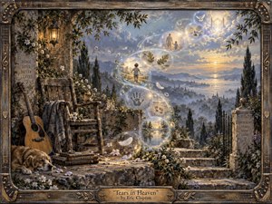 Kung Fu Hand Painting - A weathered stone terrace overlooks a luminous valley at sunset, where glowing memory bubbles rise in a gentle S-curve toward the clouds. An empty chair, acoustic guitar, sleeping dog, flowers, and drifting feathers create a tender, reflective mood. Warm golds and cool blues enrich the detailed, painterly realism.