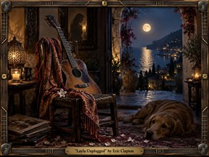 A worn acoustic guitar rests on a rustic chair draped in a burgundy paisley scarf inside a candlelit Mediterranean room. Moonlight spills through an open archway onto a tranquil coastal bay, while a golden retriever lies nearby. Deep browns, amber candlelight, cool blues, flowers, and ornate guitar-inspired framing create a nostalgic, intimate atmosphere.