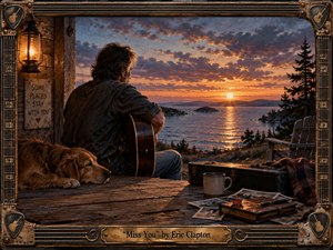 A solitary guitarist sits outside a weathered lakeside cabin at sunset, gazing across calm water and distant islands. A resting dog, guitar case, photographs, journal, and lantern deepen the feeling of memory and longing. Warm amber light contrasts with cool blue shadows, rendered in a richly detailed, cinematic, handcrafted style with rustic textures.