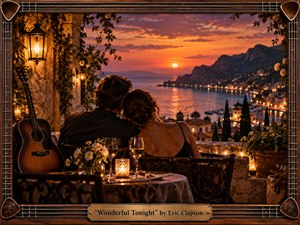 A couple shares a quiet evening on a candlelit terrace overlooking a glowing coastal harbor at sunset. Warm amber, copper, and violet tones create a tender, nostalgic mood. An acoustic guitar, flowers, wine glasses, lanterns, and distant village lights enrich the cinematic realism, framed by handcrafted wood, metal strings, and decorative guitar details.