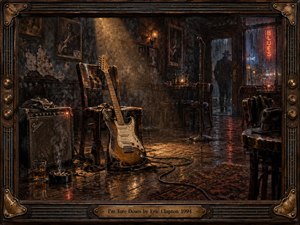 A battered electric guitar rests against a worn chair in a smoky, rain-soaked blues club after closing. Warm amber light cuts through deep indigo shadows, reflecting across scuffed wooden floors. A glowing amplifier, coiled cable, empty tables, and a departing silhouette create a weary, intimate mood in richly textured painterly realism.